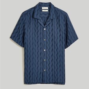 Madewell Men’s Navy Blue Wavy Pattern Button-Down Shirt – Short Sleeve Casual